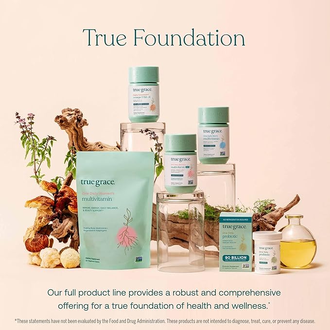 True Grace One Daily Women’s Multivitamin 40+ Fermented Minerals, Organic Adaptogens & Mushrooms Energy, Immune, Bone Support - Non-GMO - Iron, Gluten & Soy Free - 30 Vegan Tablets