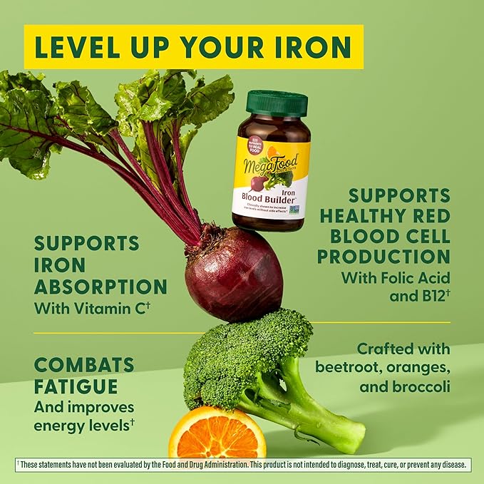 MegaFood Blood Builder Iron Supplement Clinically Shown to Increase Iron Levels Without Side Effects, Vegan Supplement for Women with Vitamin C, Vitamin B12 & Folic Acid, 30 Tablets