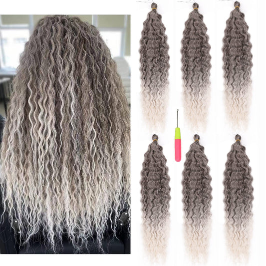 Maysa Ombre Grey Curly Crochet Hair 22Inch 6Packs Ocean Wave Crochet Hair Wavy Synthetic Crochet Hair Ombre Chocolate Brown Mix