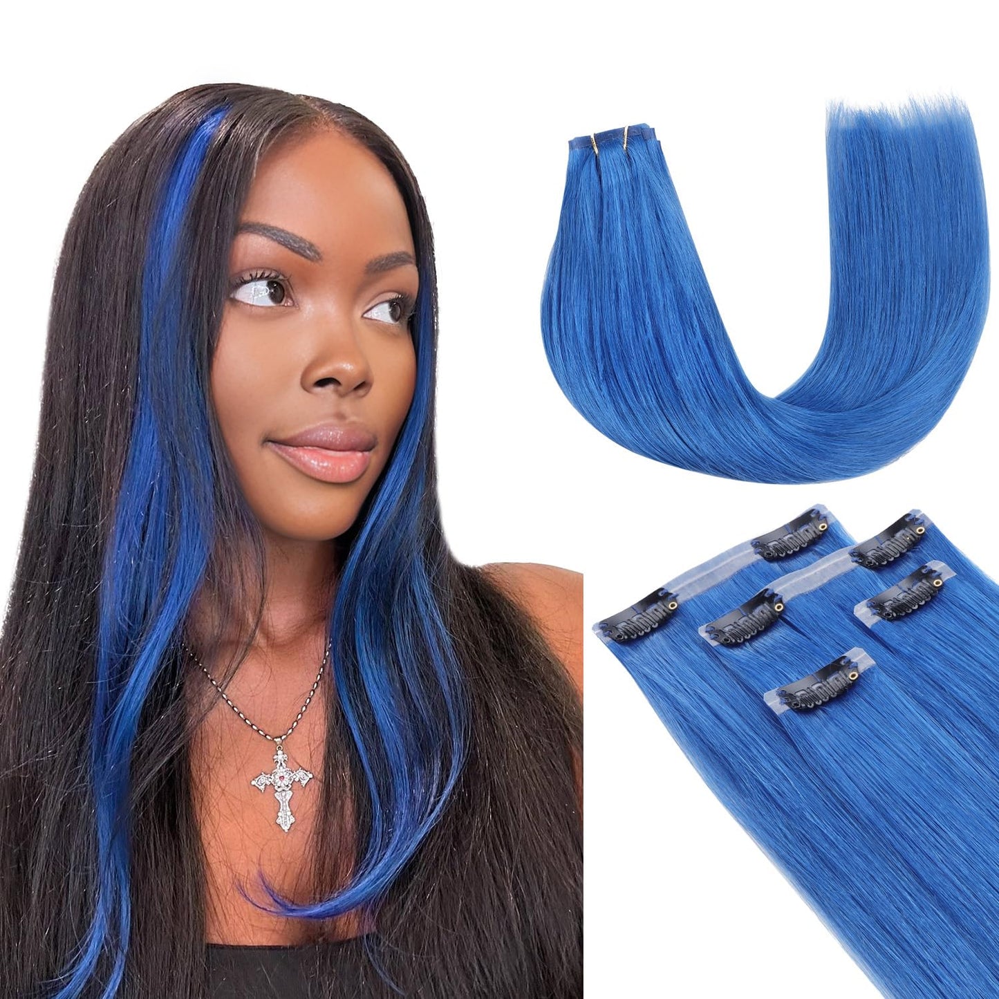 Lashey Hair Extensions Real Human Hair 48G 4Pcs Blue Hair Extensions 20 Inch Long Straight Seamless Clip In Hair Extensions Huma
