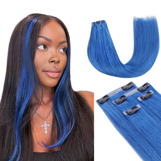 Lashey Clip In Hair Extensions Real Human Hair 50G 4Pcs Blue Straight Seamless Clip In Hair Extensions Human Hair 22 Inch Hair E