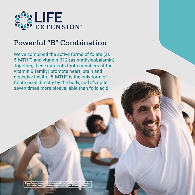 Life Extension BioActive Folate & Vitamin B12, 150 Vegetarian Capsules - Non GMO, Gluten Free Supplement