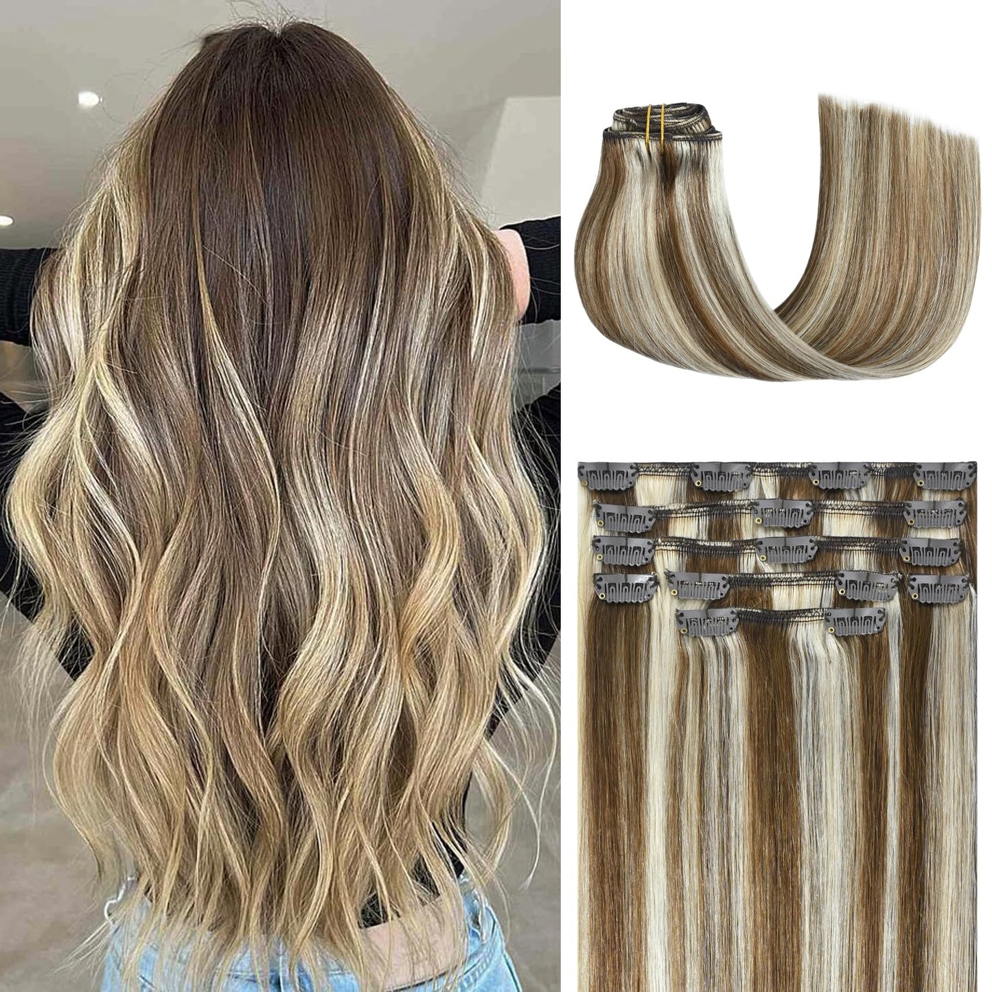 Honsoo Hair Extensions Real Human Hair Clip In Extensions 70G 7Pcs Light Brown To Blonde Highlights Balayage 18Inch Natural Hair