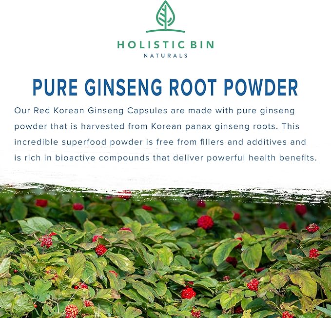 Holistic Bin Korean Red Ginseng Capsules Pure Panax Ginseng Supplement | Vegan, Gluten Free, Non GMO, No Fillers | Rich in Ginsenosides (40 Capsules)