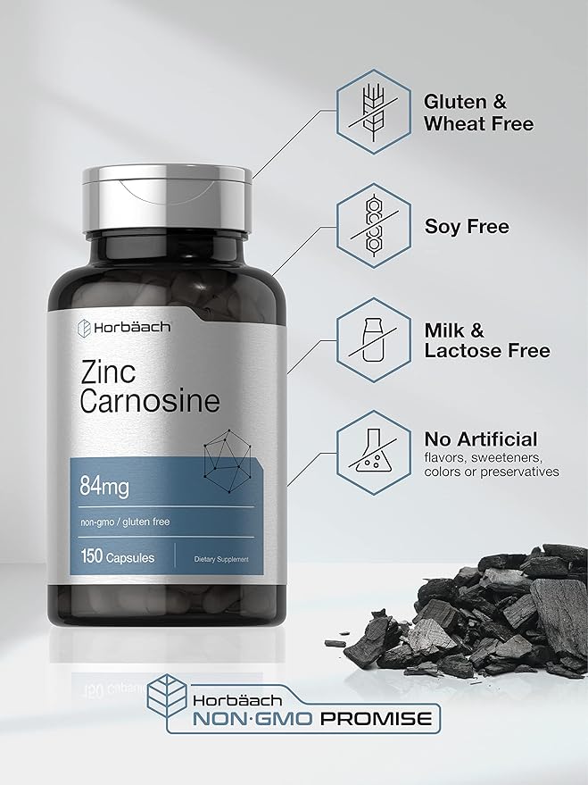Horbäach Zinc Carnosine Supplement | 84mg per Capsule | 150 Count | Non-GMO & Gluten Free
