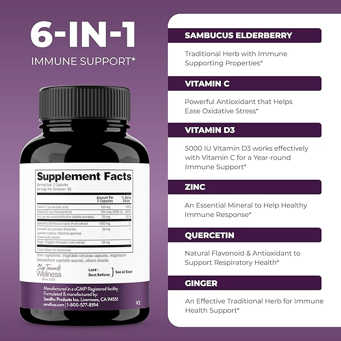 Elderberry Vitamin C and Zinc 120 Capsules (Pack of 3) | with Quercetin and Vitamin D3 | Immune Support for Adults | Herbal Supplement for Men and Women