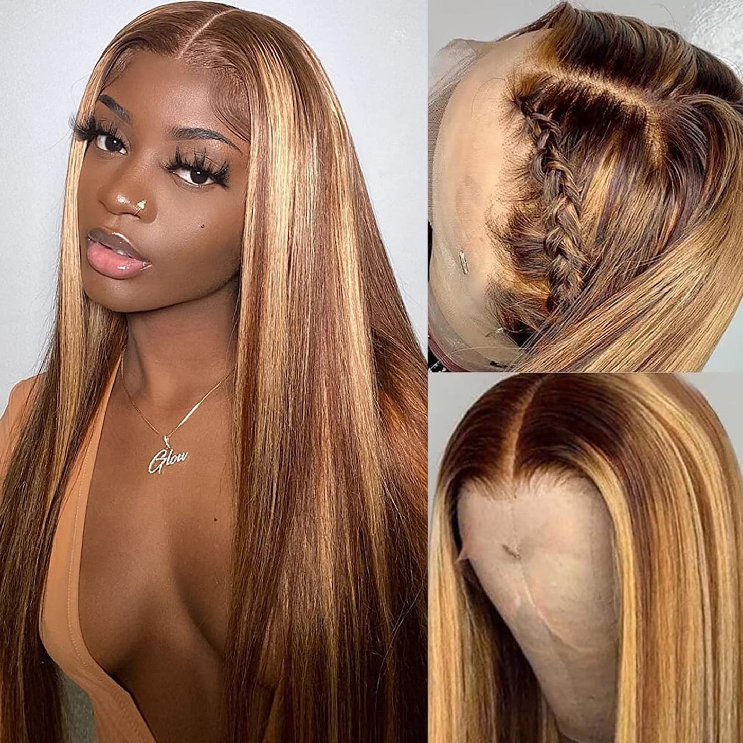 Queen Story Highlight 13X4 Lace Front Wigs Human Hair Ombre 4/27 Colored Honey Blonde Lace Front Wigs Pre Plucked With Baby Hair