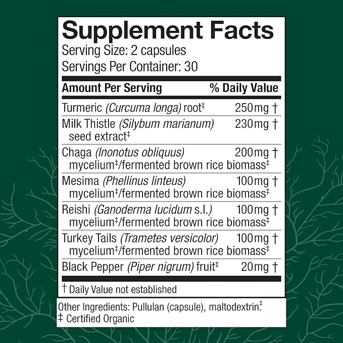 Host Defense MycoBotanicals Liver* Capsules - Liver Health Supplement with Milk Thistle & Turmeric Root - Mushroom Supplement with Turkey Tail, Reishi & Chaga - 60 Capsules (30 Servings)*
