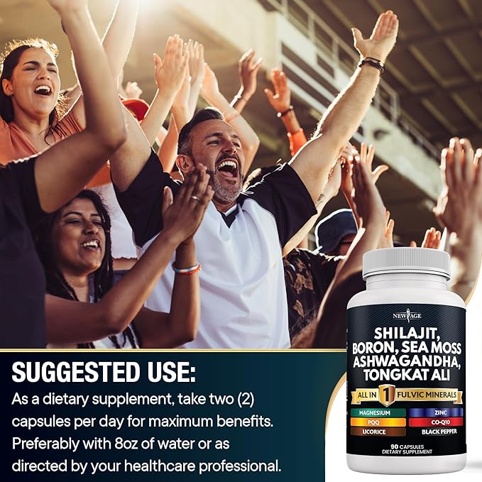 NEW AGE Shilajit Supplement with Sea Moss, Ashwagandha, Tongkat Ali, Boron, Magnesium - Fulvic Acid Capsules for Men - 90 Count