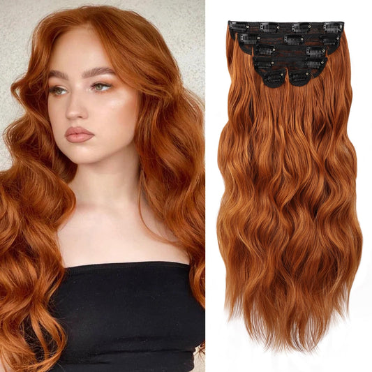 Wecan Clip In Hair Extension 20 Inch Copper Red 6Pcs Natural Long Wavy Curly Hairpieces For Women Thick Synthetic Fiber Double W