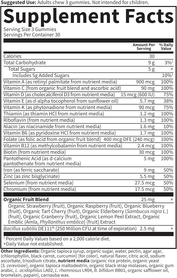 Women’s Multivitamin Gummy with Iron: Folate, Biotin, D3 & B12 for Hair, Skin & Nails + Probiotics for Immune Health & Digestion, Vitamin Code, Non-GMO, Gluten-Free, 90 Cherry Gummies, 30 Day Supply