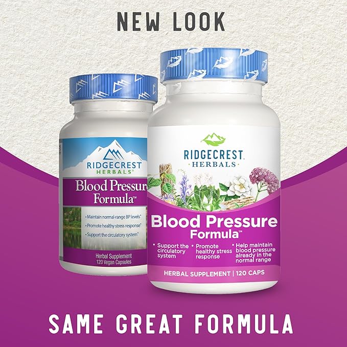 RidgeCrest Herbals Blood Pressure Herbal Formula, 12 Herbs, Poria Mushroom, Gastrodia, Gardenia, for Heart, Vascular, Circulation Health (120 Count)