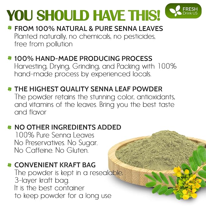 FRESHDRINKUS, Premium 16oz Senna Leaf Powder, 100% Natural and Pure from Senna Leaves, No Additives, No Gluten, No Sugar, Vegan