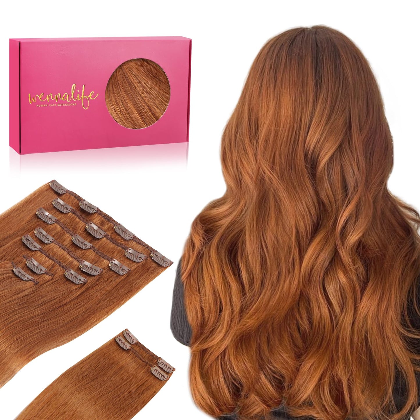 Wennalife Clip In Hair Extensions Real Human Hair, 20 Inch 150G 9Pcs Human Hair Extensions Clip In, Dirty Ginger Hair Extensions