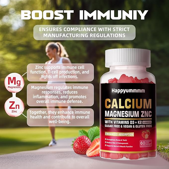 Calcium Magnesium Zinc Gummies with Vitamin D3 & K2 - High Potency Enhanced Absorption -60 Strawberry Gummies Flavored.