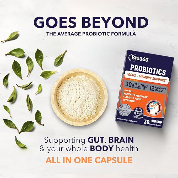 Brain Supplements for Memory and Focus - Supports Brain Health, Mental Clarity & Alertness - Capsules with B5, B6 & B12-30 Billion CFU for Immunity, Digestion & Gut Health - 30 Count