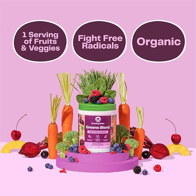 Amazing Grass Greens Blend Antioxidant: Super Greens Powder with Spirulina, Beet Root Powder, Elderberry, Prebiotics & Probiotics, Sweet Berry, 15 Servings (Packaging May Vary)
