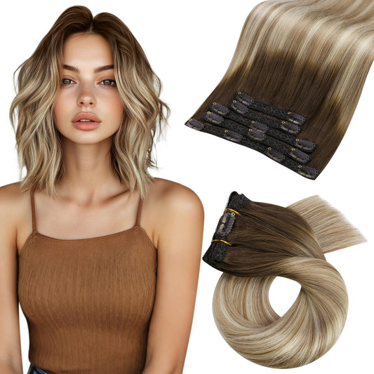 Moresoo Clip In Hair Extensions Remy Double Weft Human Hair Clip In Extensions Balayage Straight Hair Extensions For Women Ombre