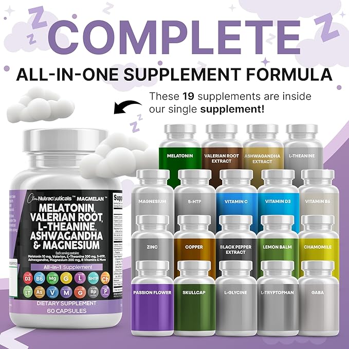 Clean Nutraceuticals Melatonin 10mg Valerian Root L Theanine 200mg Ashwagandha - Sleep Support for Women & Men with Magnesium Complex, Lemon Balm, Chamomile, & Passion Flower - 60 Caps