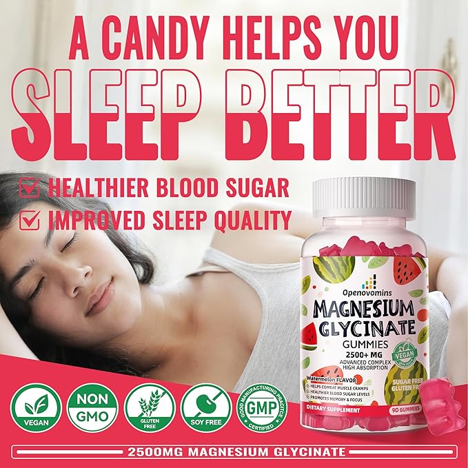 Magnesium Glycinate Gummies 2500mg - Sugar Free Magnesium Potassium Supplement with Vitamin D, B6, CoQ10 for Calm Mood & Sleep Support - 90 Watermelon Gummies