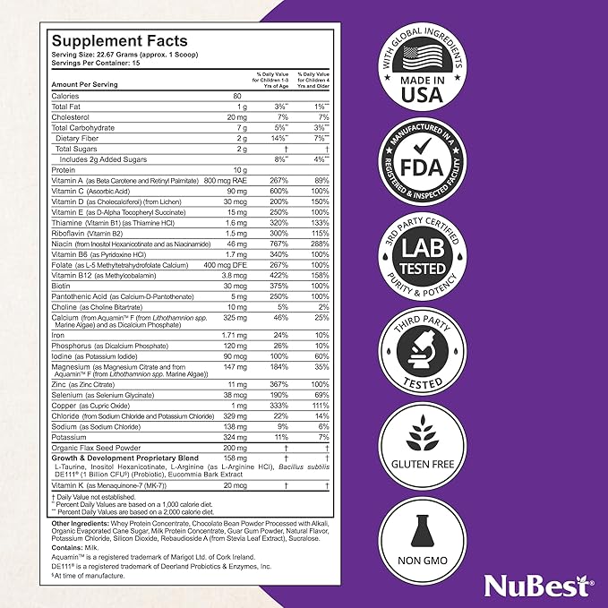 NuBest Tall Protein Powder for Kids & Teens - Chocolate Protein Powder Shake - Protein Drink with Probiotics, Omega 3-6-9, Vitamin D3 + K2, Calcium, Vitamins - Bone Strength and Immunity - Pack 3