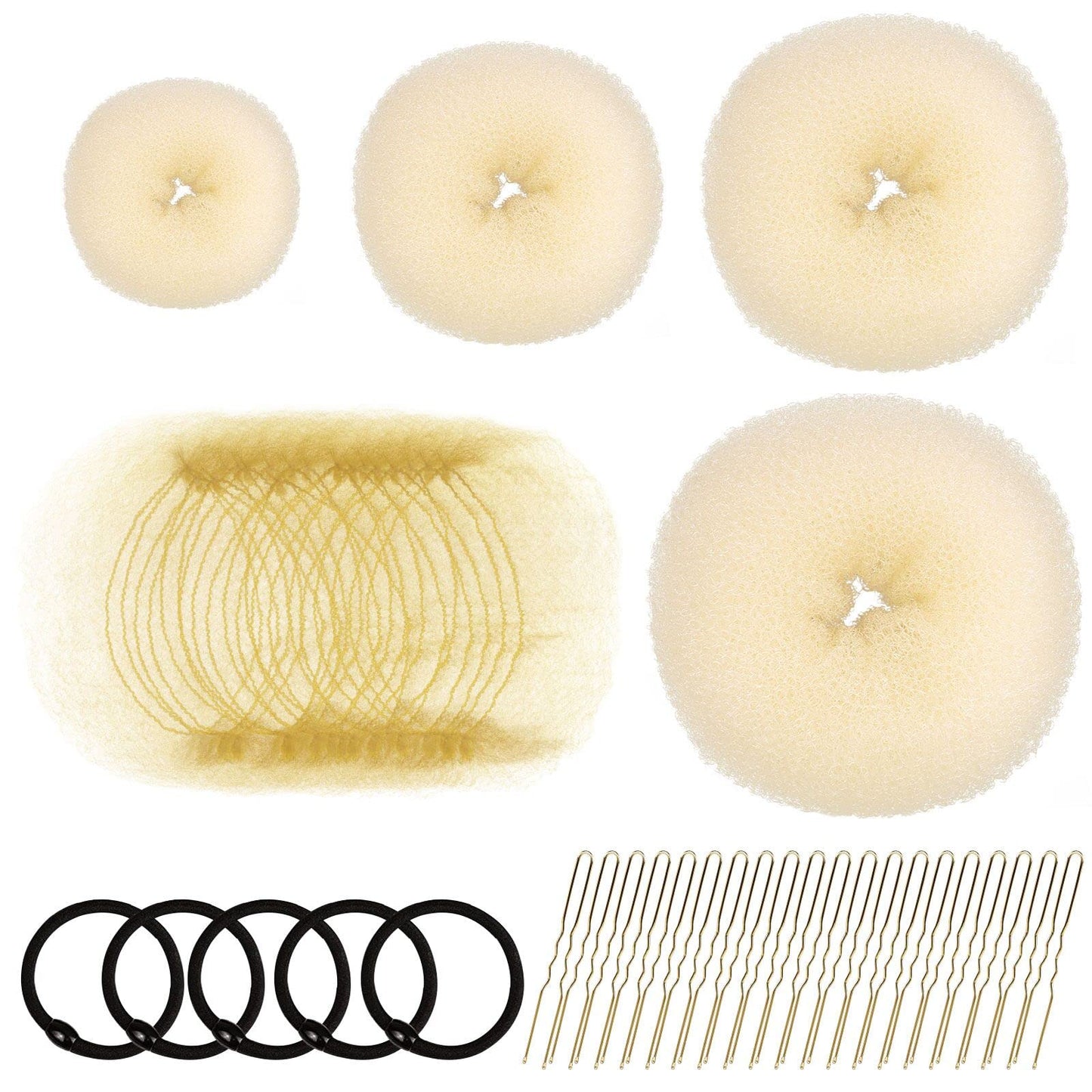 Fandamei Hair Styling Set - Bun Maker, Hair Nets, Hair Pins, And Elastic Bands In Various Sizes (Gold)