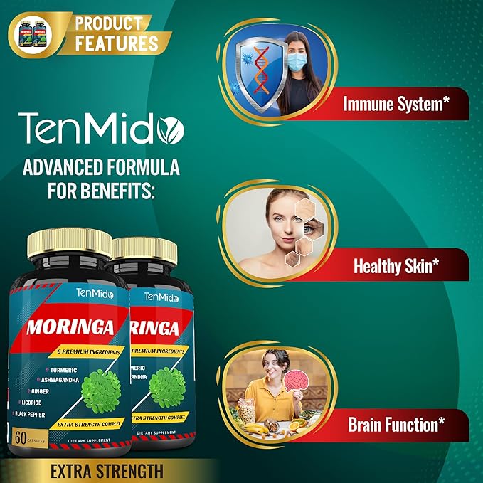 2 Packs Moringa Capsules, 4 Months Supply with Turmeric, Ashwagandha, Ginger, Licorice, Black Pepper | Immune Support, Energy Booster | Oleifera Leaf Herb Supplements