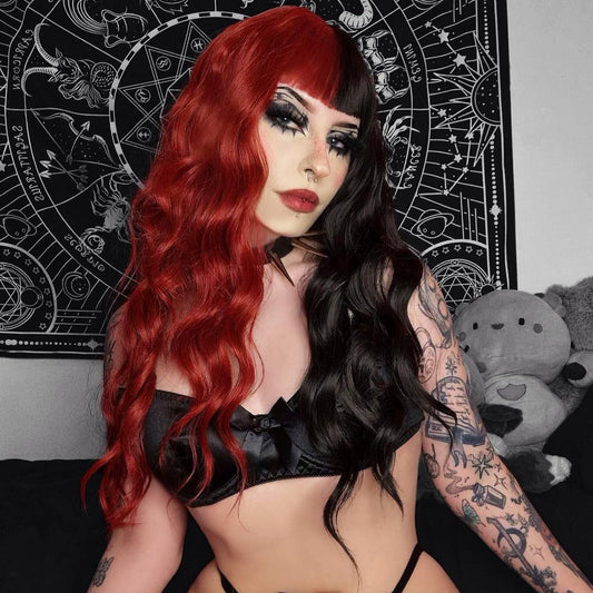 Evlynn Red & Black Wigs With Bangs Long Loose Wavy Curly Hair Synthetic Fiber Glueless No Lace Wig For Women (Red & Balck, 24 In