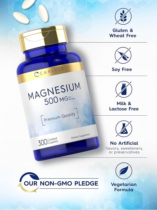 Carlyle Magnesium 500mg | 300 Coated Caplets | Vegetarian, Non-GMO, and Gluten Free Supplement