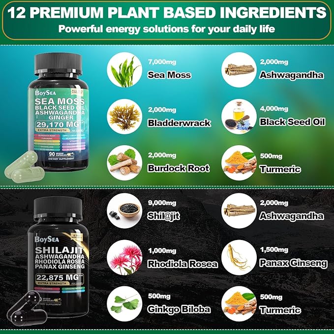 Boysea.Shilajit and Sea Moss Bundle- 90 Count - Sea Moss 7000mg, Black Seed Oil 4000mg, Ashwagandha 2000mg, Ginger & Shilajit 9000mg, Rhodiola Rosea 1000mg, All in 1 Supplements (1 Pack)