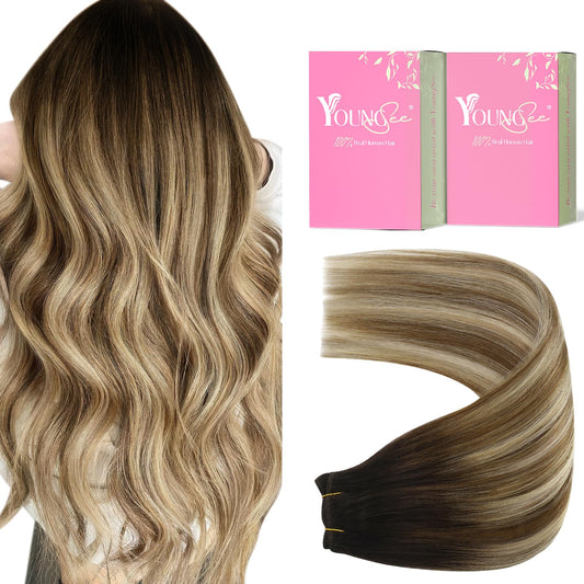 Youngsee Weft Hair Extensions Human Hair Balayage Human Hair Sew In Extensions Dark Brown Roots Blending Into Medium Brown With