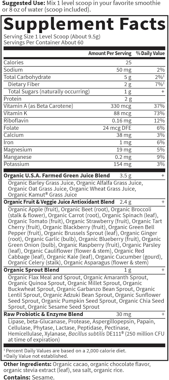 Garden of Life Raw Organic Perfect Food Green Superfood Juiced Greens Powder - Chocolate, 60 Servings, Non-GMO, Gluten Free, Vegan Whole Food Dietary Supplement, Plus Probiotics, Enzymes