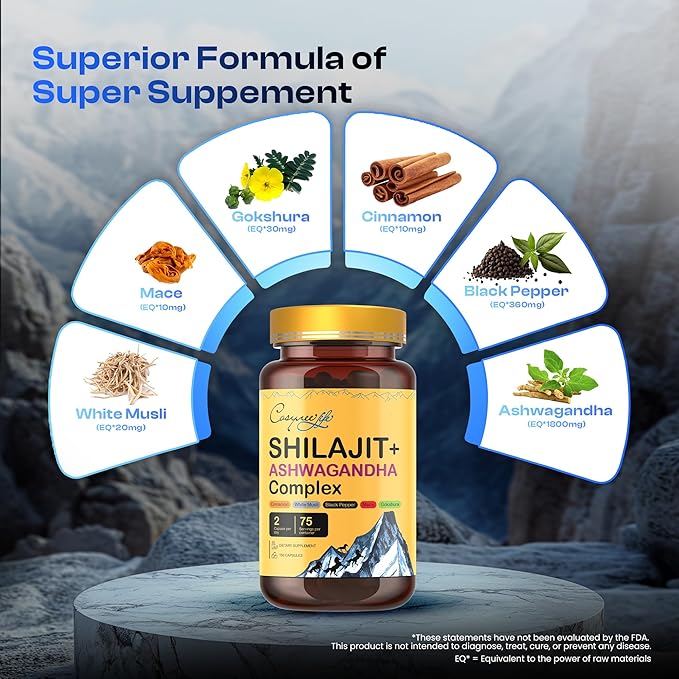 Himalayan Shilajit- Complex with Ashwagandha, Mace, Gokshura, Cinnamon & Piperine | Energy, Vitality & 85+ Trace Minerals, Shilajit for Men, Shilajit for Women, Regular Dose - 150 Capsules