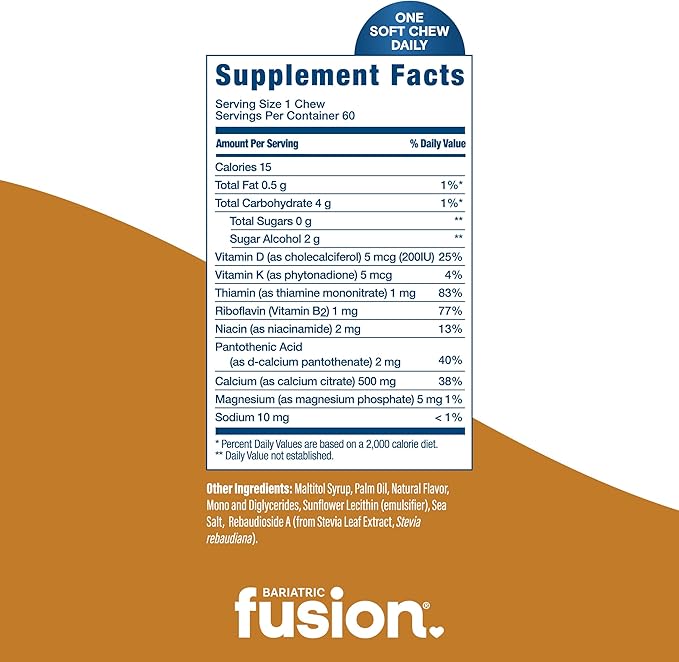 Bariatric Fusion Bariatric Calcium Chews | Calcium Citrate with Vitamin D3 Calcium Supplement Bariatric Vitamin | Sugar Free Calcium Citrate Chewable | Calcium Citrate 500mg | Vanilla | 60 Count