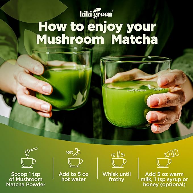 KIKI Green Mushroom Matcha Powder Super Blend 4 oz - Mushroom Coffee Alternative for Better Energy, Focus, Immunity - with Lion's Mane, Chaga, Reishi, Cordyceps