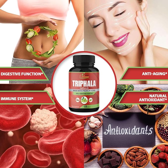 Organic Cadane Triphala (3 Fruit Powders) Supplement, 120 Veggie Capsules | Improves Digestion Function, Supports Immune System