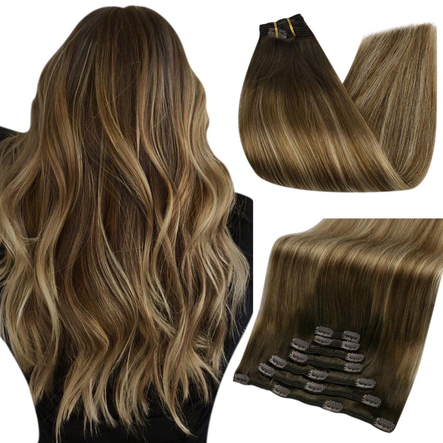 Full Shine 18 Inch Hair Extensions Real Human Hair Clip Ins Dark Brown Ombre Brown With Low Lights Honey Blonde Seamless Hair Ex