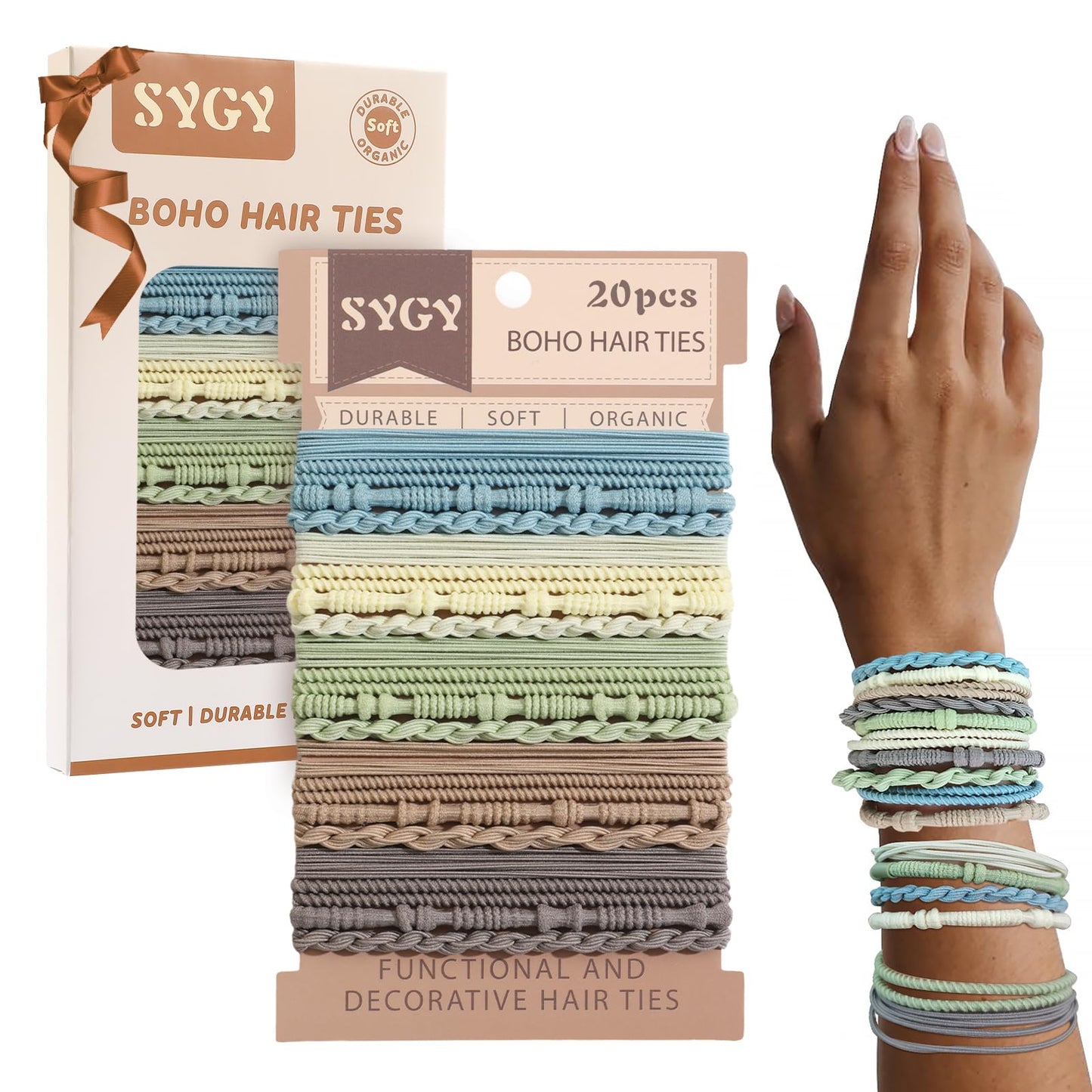Sygy 20 Pcs Boho Hair Ties, Light Color Scrunchies For Thick Or Thin Hair, 4 Styles Hair Ties For Ponytail Holders, 2.36'' Hair