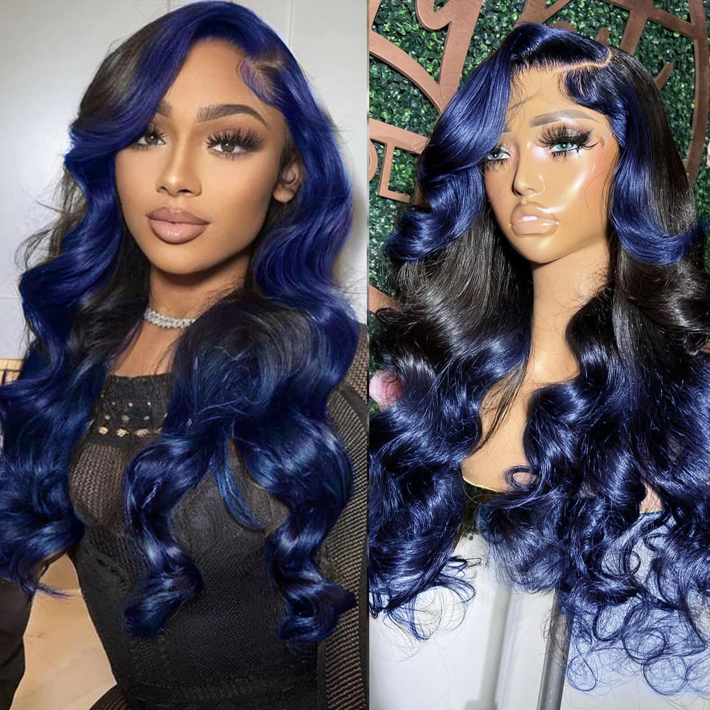 Yms Dark Blue 13X4 Hd Lace Front Wigs Human Hair 180% Density Body Wave Wigs Human Hair Ombre Blue Glueless Wigs Human Hair Pre