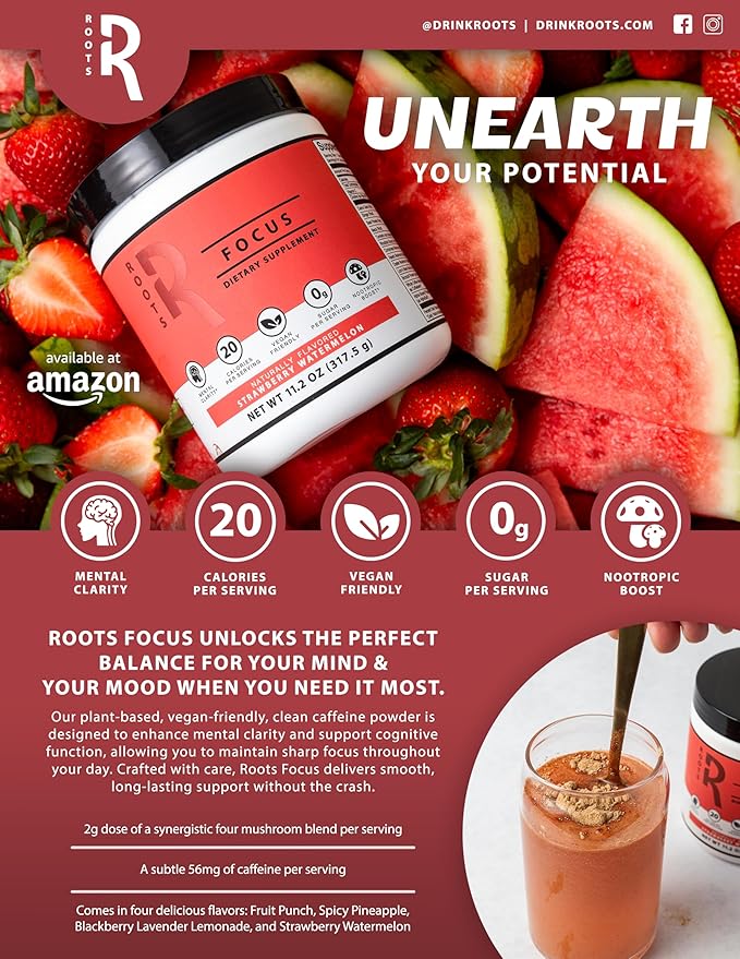 Roots Focus Nootropic Brain Supplement - Strawberry Watermelon & Spicy Pineapple- Lion's Mane, Cordyceps, & Reishi Functional Mushrooms + Extended-Release Caffeine, 100 Servings