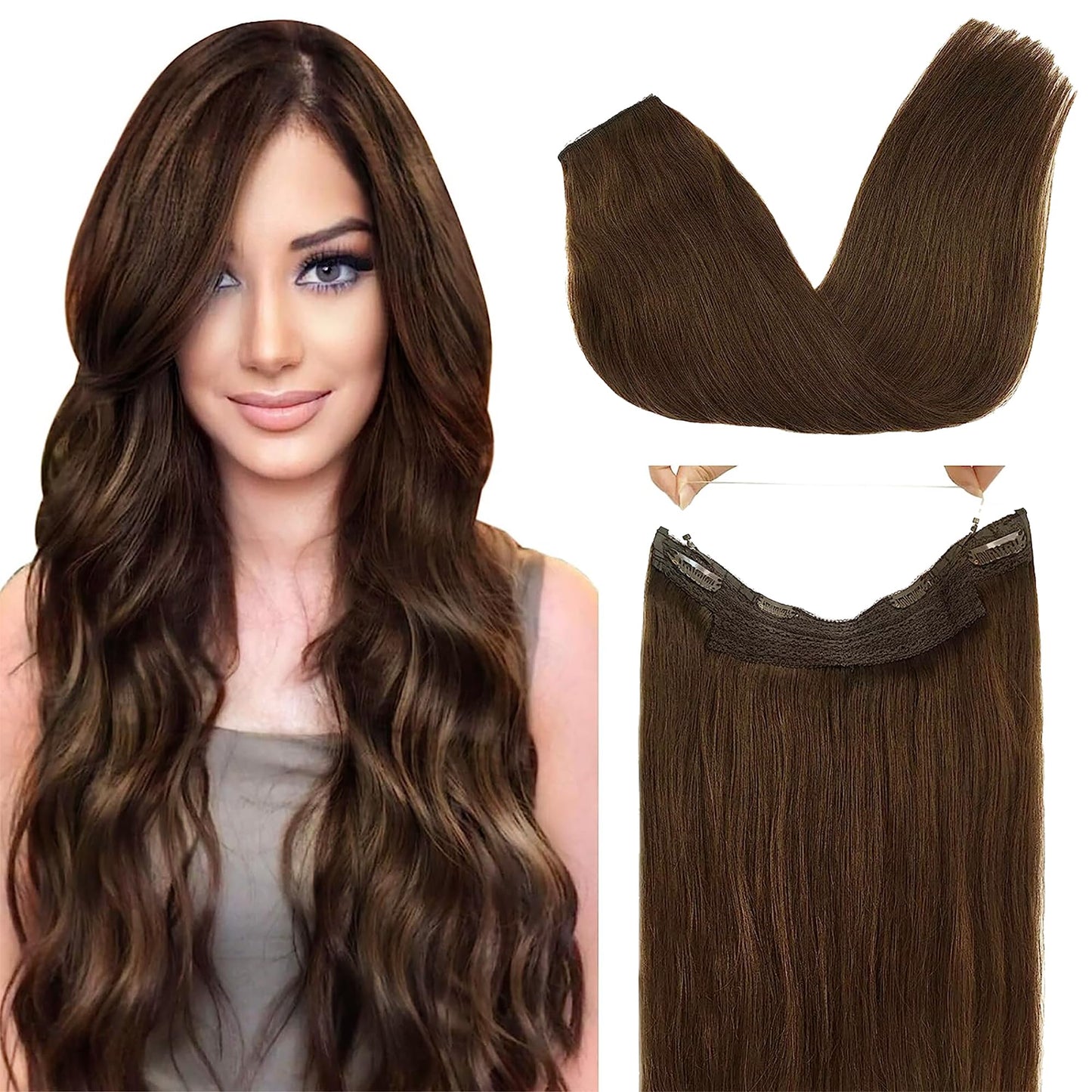Goo Goo Wire Hair Extensions Human Hair, 4A Chocolate Brown Natural 12Inch 70G, Invisible Wire Hair Extensions With Transparent,