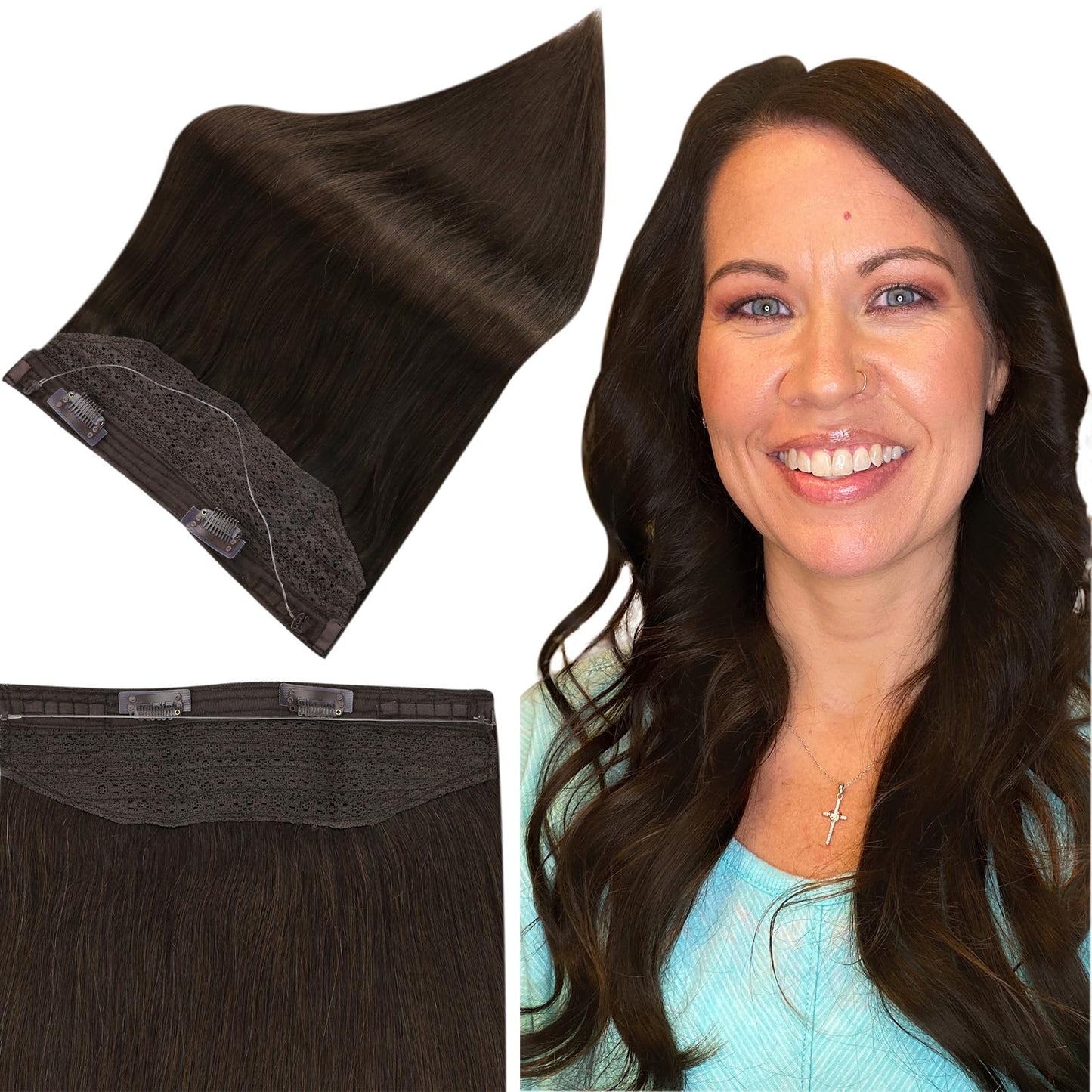 Full Shine Brown Wire Human Hair Extensions Darkest Brown Hair Extension Clip In With Transparent Fish Line 80 Grams Layered Hai