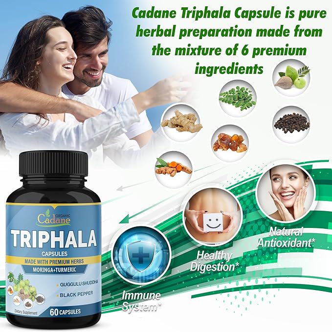 Organic Cadane Triphala Extract Capsules - 6 Premium Ingredients Complex with Turmeric, Moringa, Guggul, Ginger, and Black Pepper - 60 Caps for 2 Months Supply