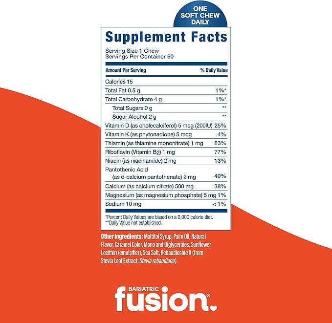 Bariatric Fusion Bariatric Calcium Chews | Calcium Citrate with Vitamin D3 Calcium Supplement Bariatric Vitamin | Sugar Free Calcium Citrate Chewable | Calcium Citrate 500mg | Caramel | 60 Count