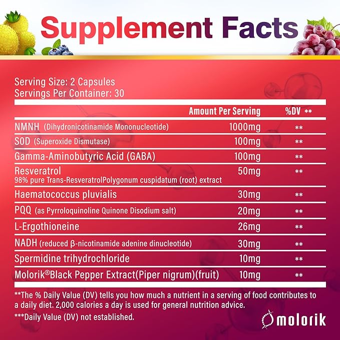 NMNH (Dihydronicotinamide Mononucleotide), 1000mg Per Serving NAD High Purity Supplement Alternative, Capsules Gluten Free, Non-GMO, for Anti-Aging, Energy, Focus - 062