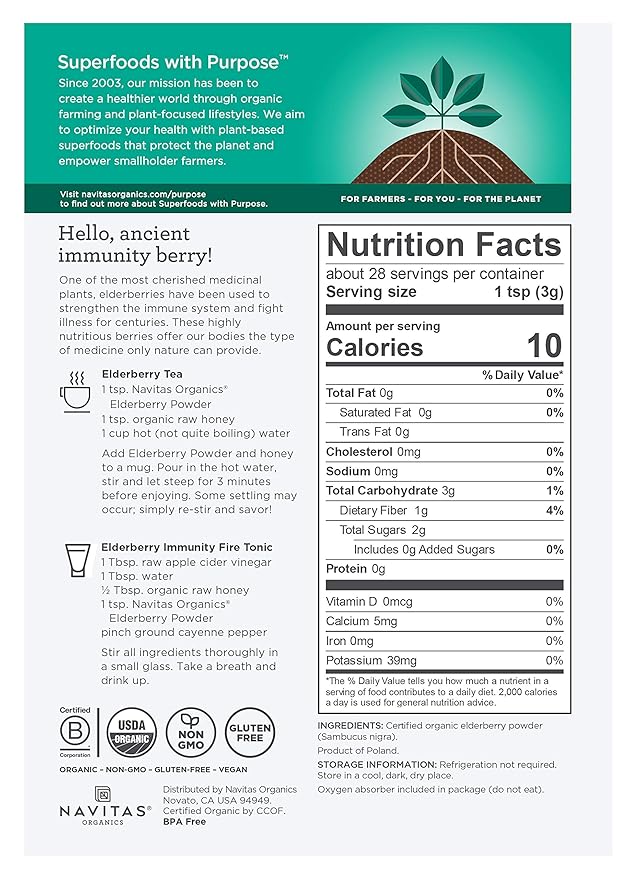 Navitas Organics Elderberry Powder, 3oz Bag, 28 Servings — Organic, Non-GMO, 100% Whole Elderberry Powder for Immune Support (Pack of 3)