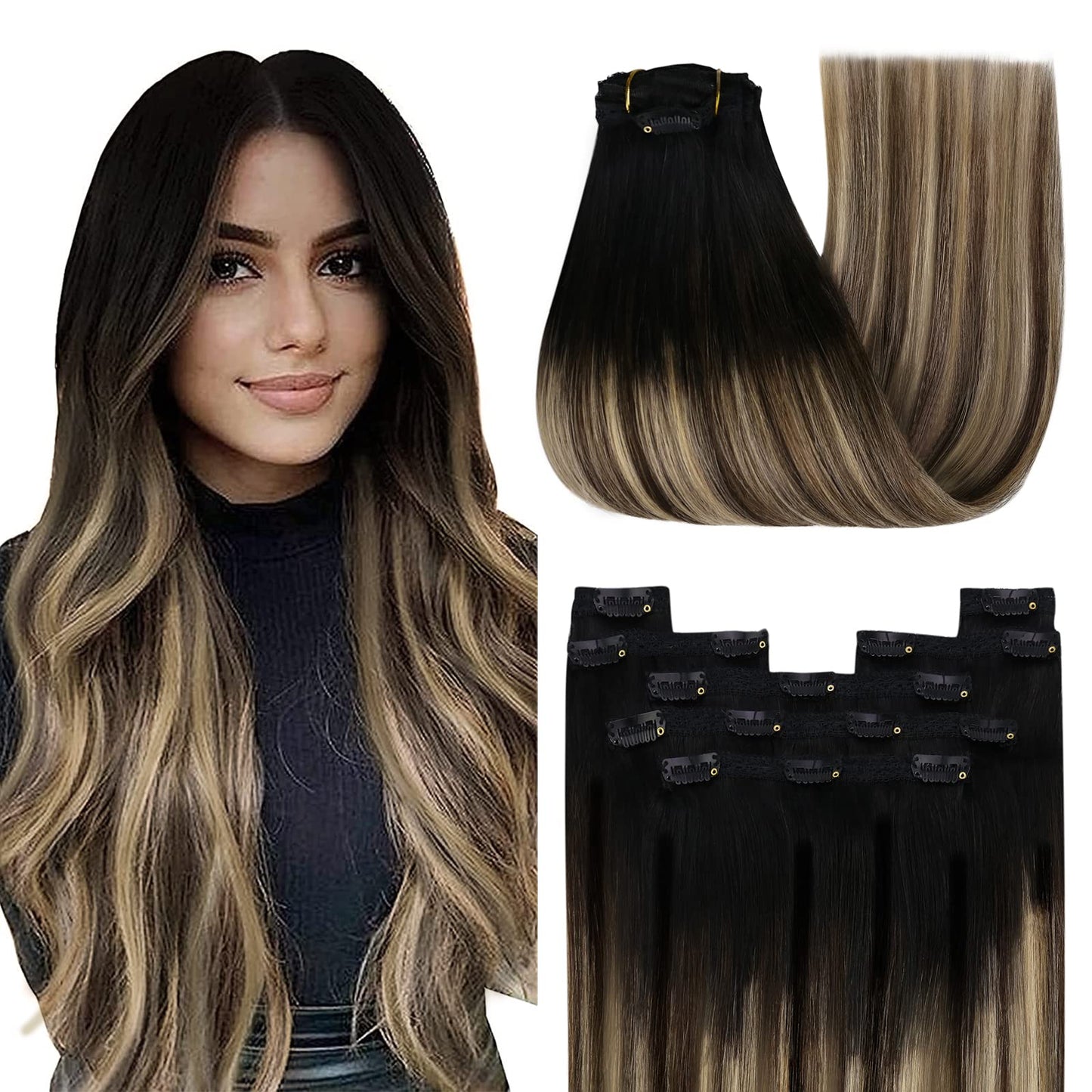 Youngsee 150G Clip In Hair Extensions Ombre Hair Extensions Clip Ins Black Fading To Brown With Caramel Blonde Clip In Human Hai