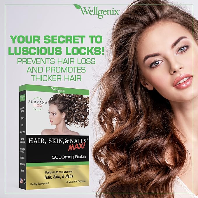 Purvana Max Hair, Skin, and Nails Vitamin - 5000mcg Biotin, Folic Acid, DMAE, Grape Seed Extract - One a Day Vegan Hair, Skin, Nails Support - Promotes Collagen Production - 30 Caps (Pack of 2)