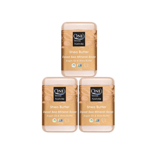 One With Nature Dead Sea Mineral Shea Butter Soap 4Oz 3Pack With Argan Oil - Dead Sea Salt Includes Sulfur, Magnesium, And 21 Es