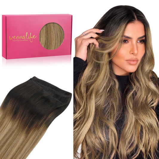Wennalife Sew In Hair Extensions Real Human Hair, 16 Inch 80G Dark Brown To Chestnut Brown And Dirty Blonde Highlighted Machine